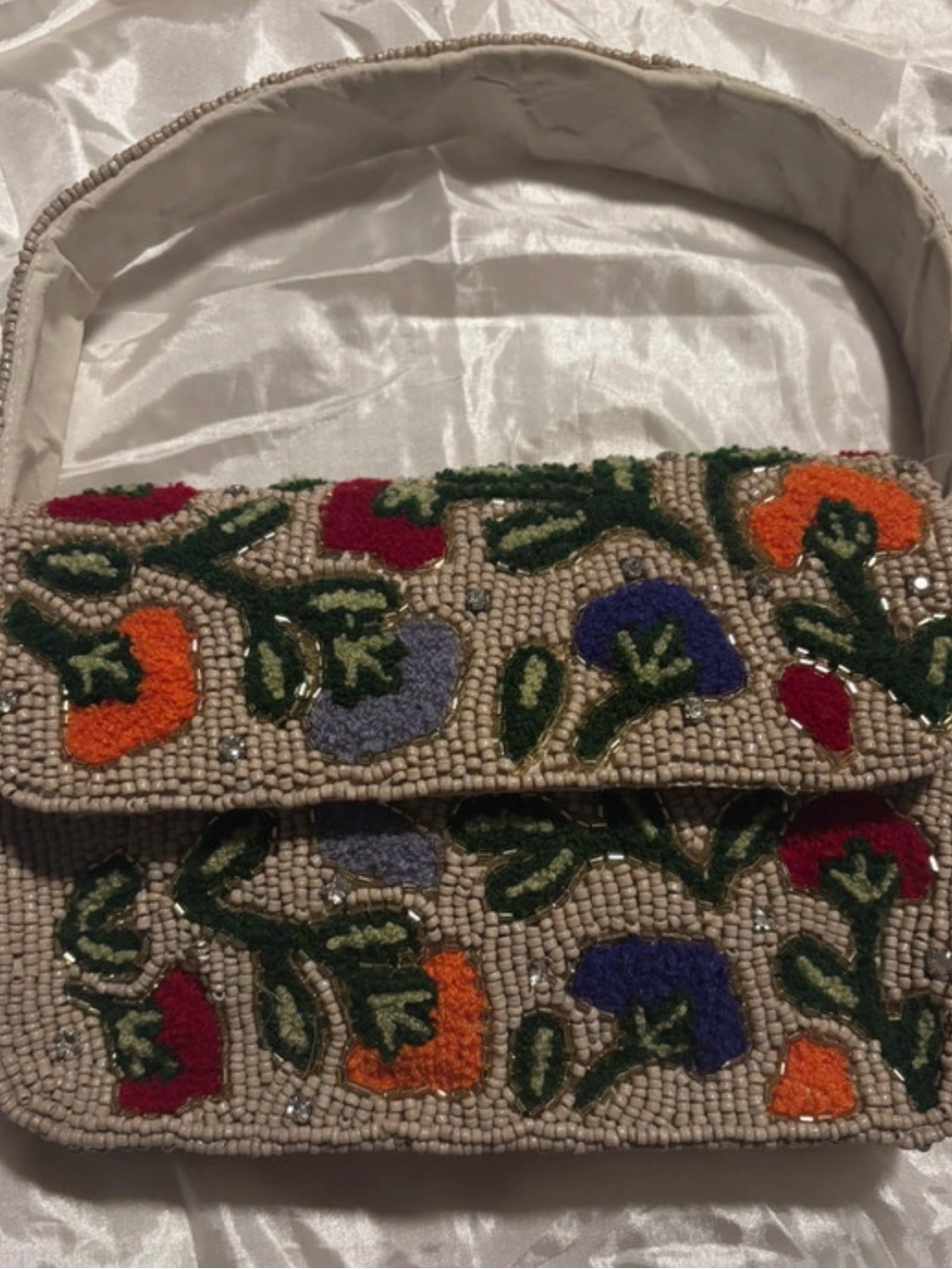 Beaded Floral Evening Clutch in Beige with Multicolor Embroidery